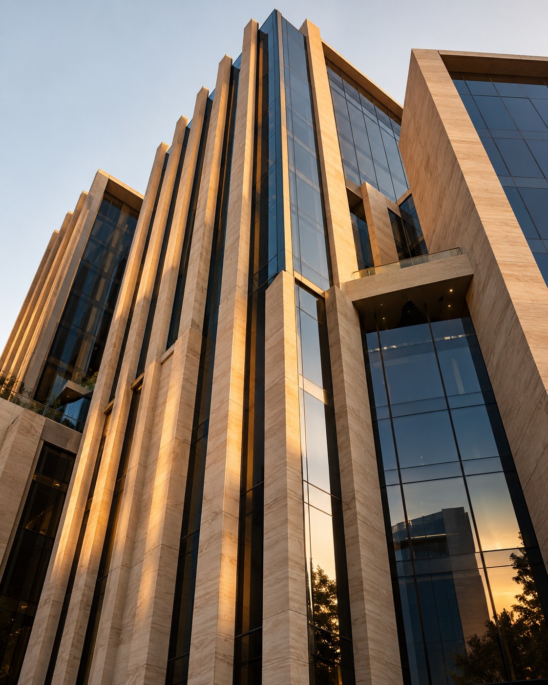Contemporary commercial architecture with warm stone and glass